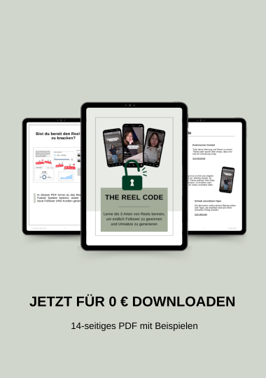 Drei Tablets, die nebeneinander platziert sind und Ausschnitte aus der zu herunterladenden Datei zeigen. Darunter steht in schwarzer Schrift auf grünem Untergrund "Jetzt für 0 Euro downloaden! 14-seitiges PDF mit Beispielen"